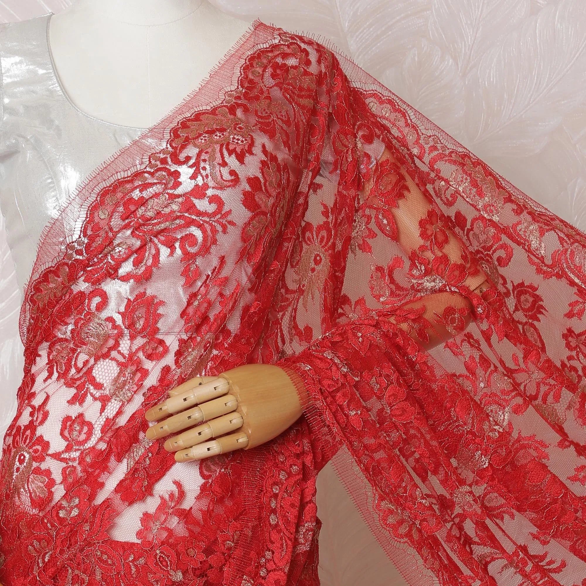 Scarlet red, gold Premium pure metallic French chantilly lace saree in floral design-D14910