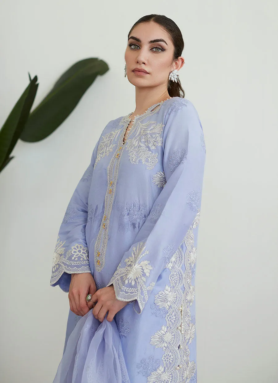 Tara Collection 23 - Olenna Periwinkle Embroidered Shirt With Organza Dupattawith Organza Dupatta