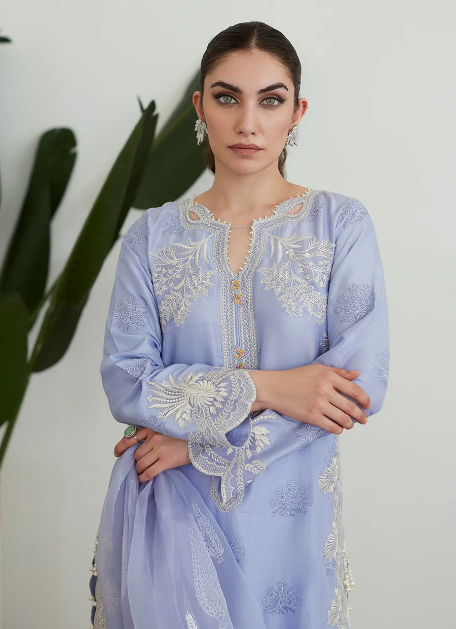 Tara Collection 23 - Olenna Periwinkle Embroidered Shirt With Organza Dupattawith Organza Dupatta
