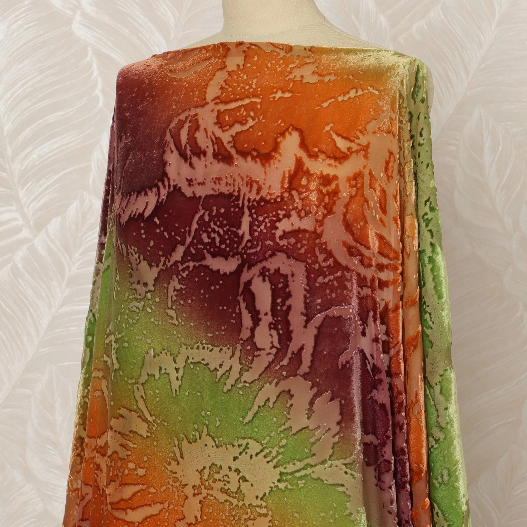 Traditional Somali Dirac Silk Blended Velvet Chiffon Fabric in Orange, Green, and Maroon Abstract Design, 3.5 Meters, 140 cm Width-D20599