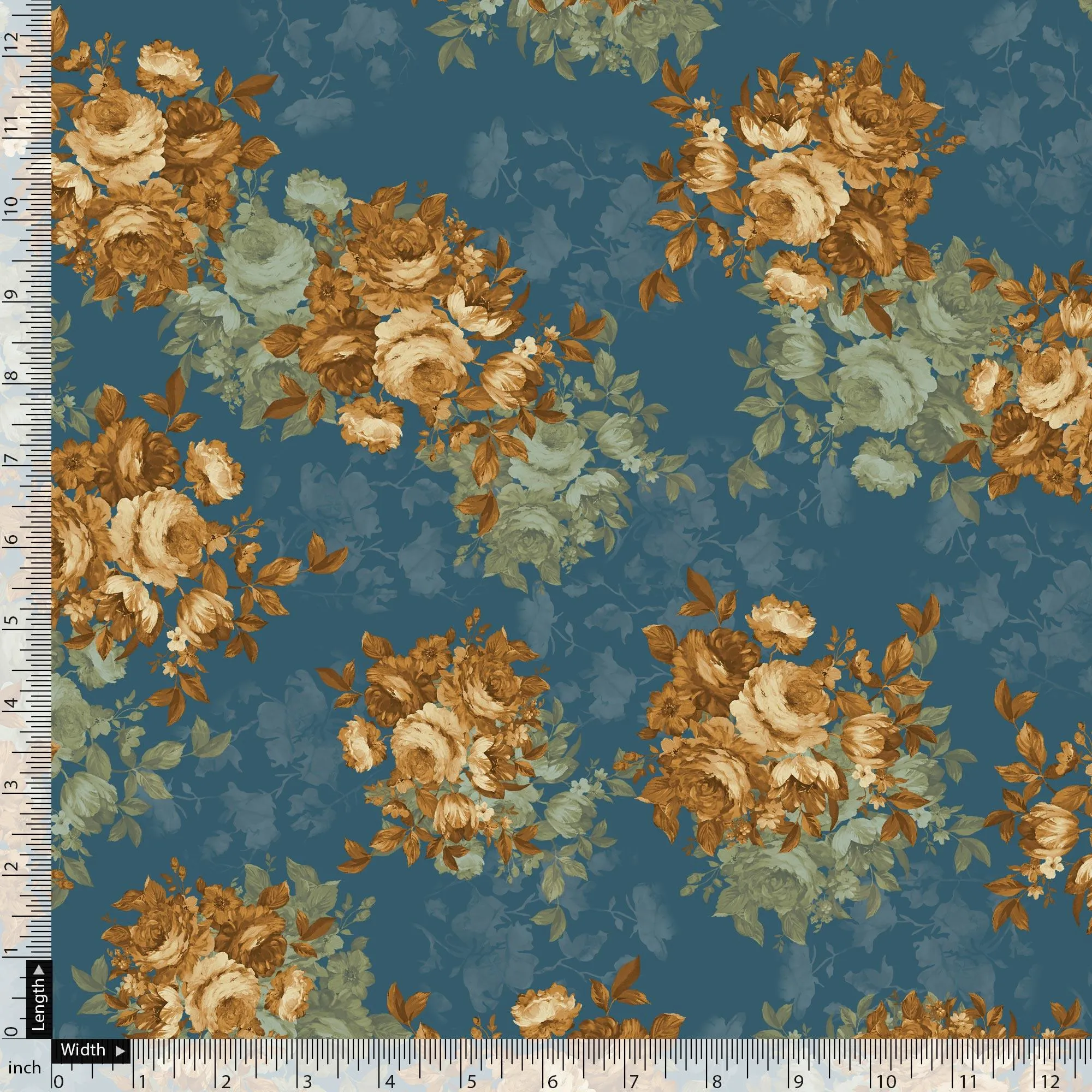 Vintage Bright Gray Background With Golden Rose Digital Printed Fabric