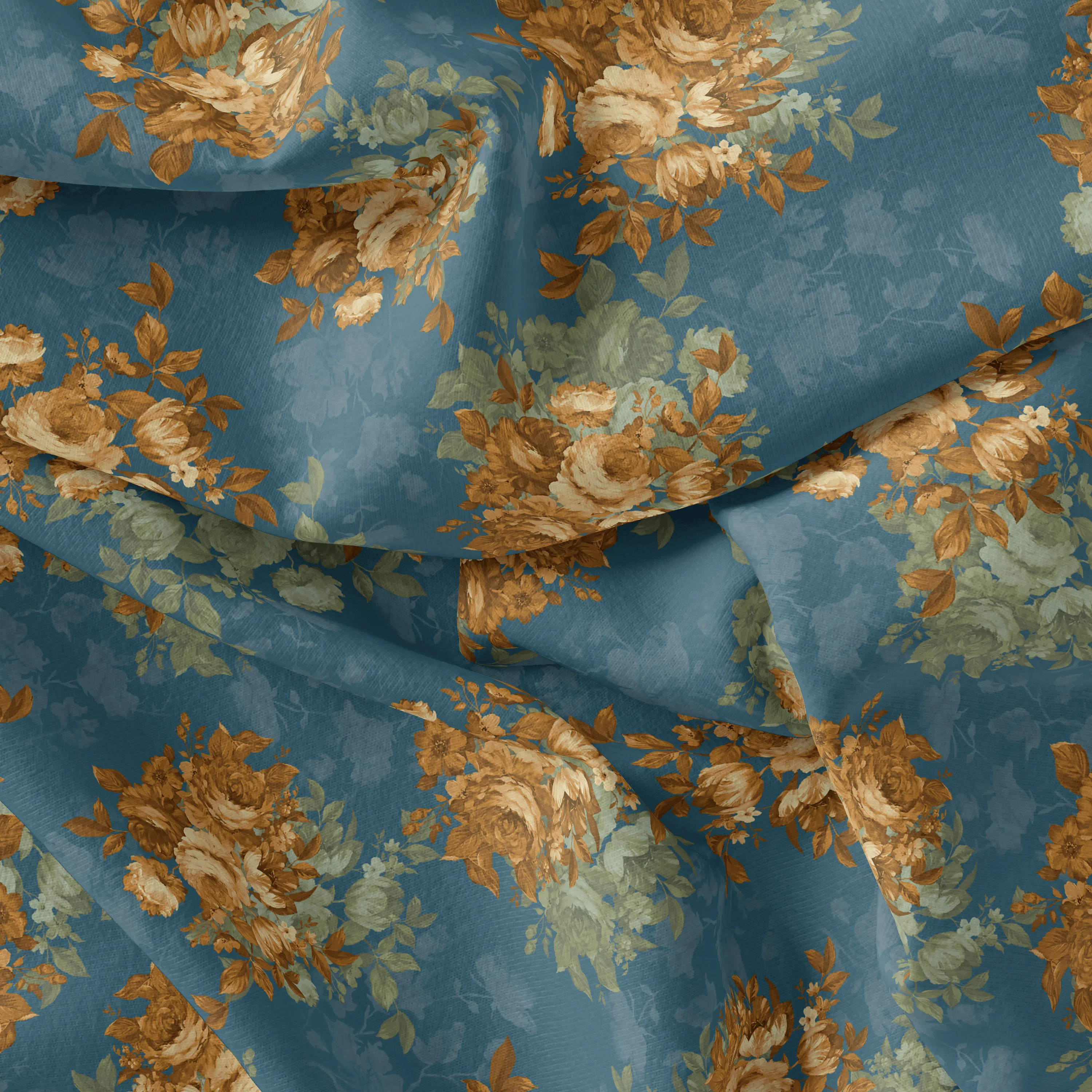 Vintage Bright Gray Background With Golden Rose Digital Printed Fabric