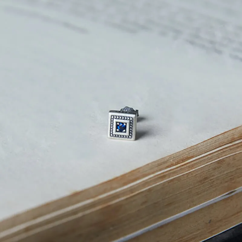 Vintage Square Blue Stone Inlaid Sterling Silver Stud Earrings