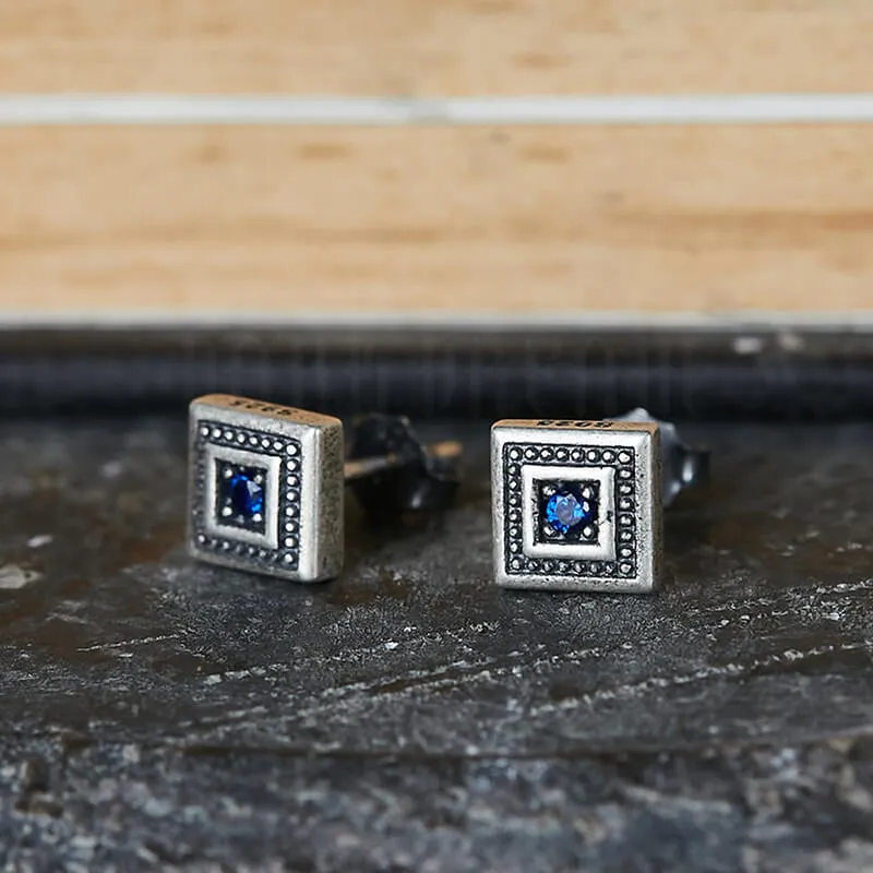 Vintage Square Blue Stone Inlaid Sterling Silver Stud Earrings