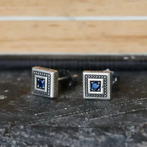 Vintage Square Blue Stone Inlaid Sterling Silver Stud Earrings