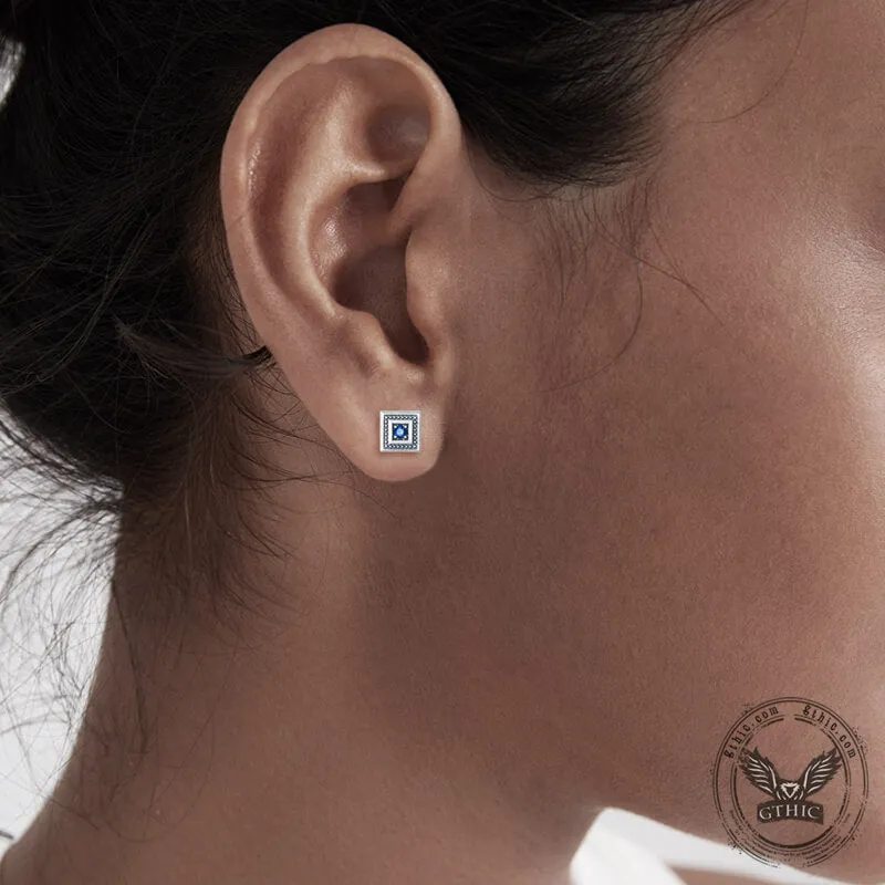 Vintage Square Blue Stone Inlaid Sterling Silver Stud Earrings