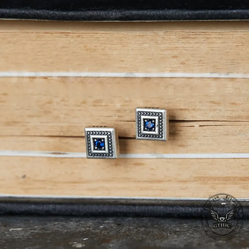 Vintage Square Blue Stone Inlaid Sterling Silver Stud Earrings