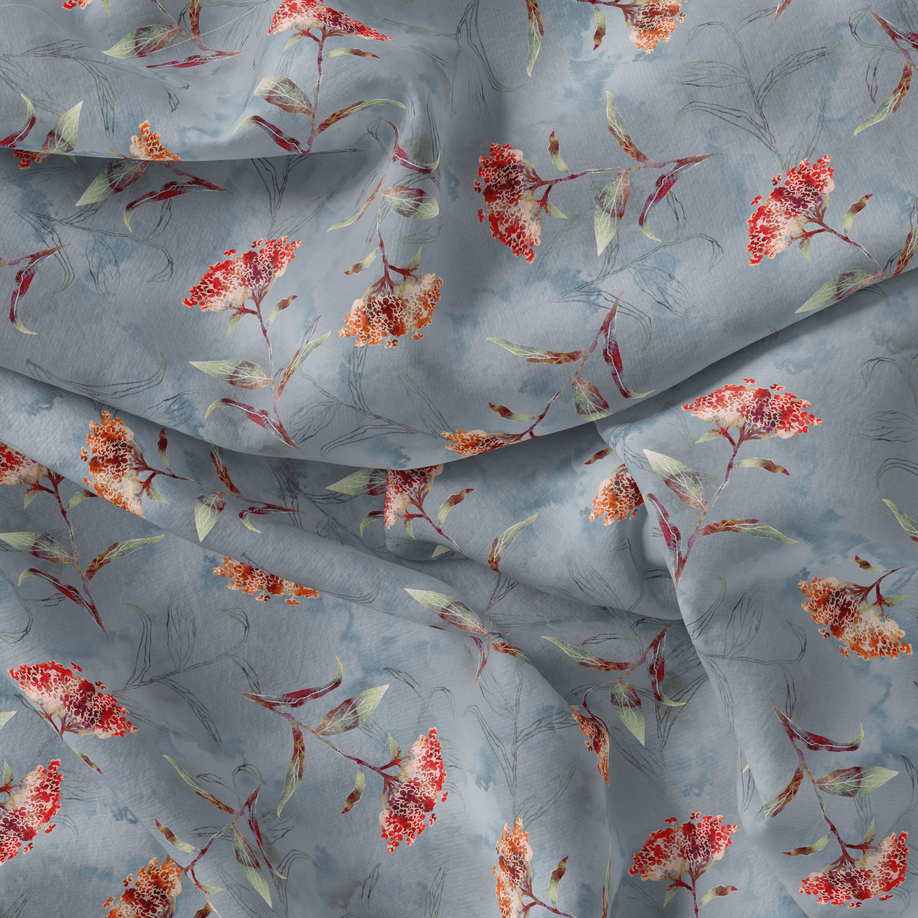 Watercolour Brown And Gray Colour Colico Flower Digital Printed Fabric